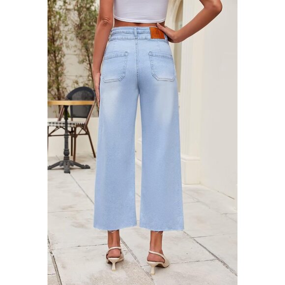 Women's High Rise Cropped Wide Leg Denim Pants Two Button Frayed Hem - Picture 2 of 7